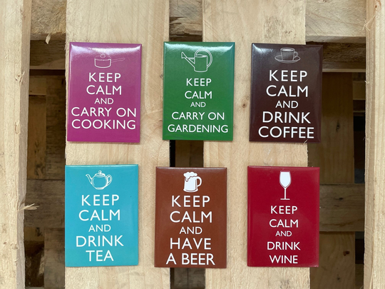 Keep Calm Fridge Magnets 8 Designs - Cooking, Gardening, Chocolate, Cupcakes, Tea, Coffee, Wine, Beer. Retro Style Bright Novelty