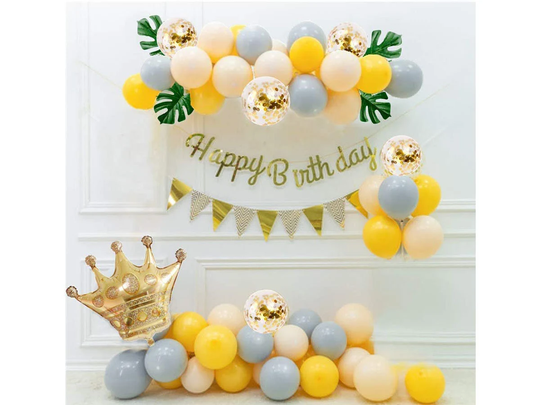 Happy Birthday Balloon Banner Decoration - Gold Bronzing Triangular Bunting Yellow Gray Latex Set Kids