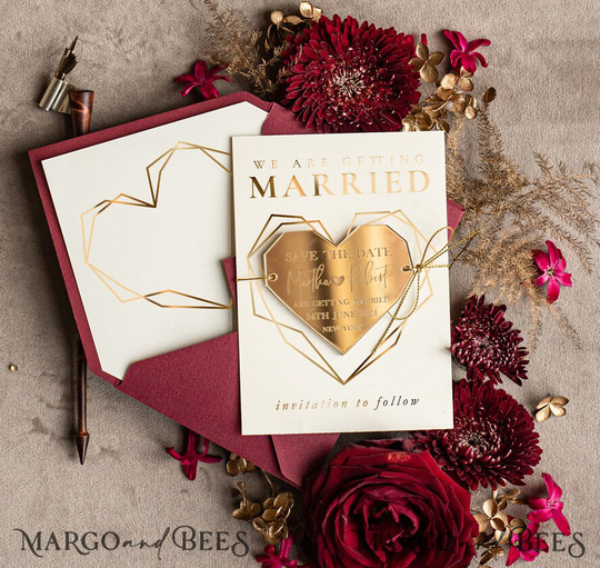 Personalised Burgundy Gold Acrylic Heart Save The Date Magnet Card Dates Plexi Magnets Wedding Modern Save Our Date Golden Minimalistic