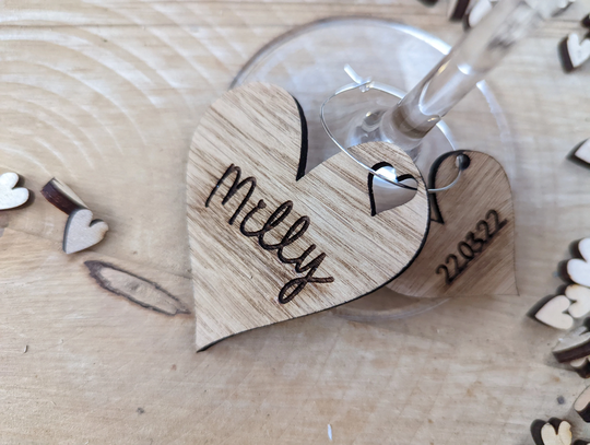 Personalised Wine Glass Charms - Rustic Heart Drinks Charm Wood Place Names Wine With Name & Date