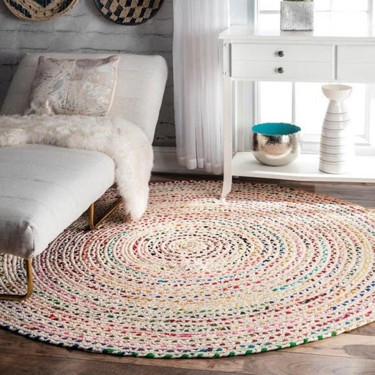Round Cotton Jute Rug, Chindi Cotton Rug , Natural Jute Hand Braided Area Rug Eco Friendly 3x3 Ft, 4x4 Feet
