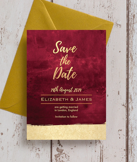 Burgundy & Gold Wedding Save The Date Cards & Envelopes