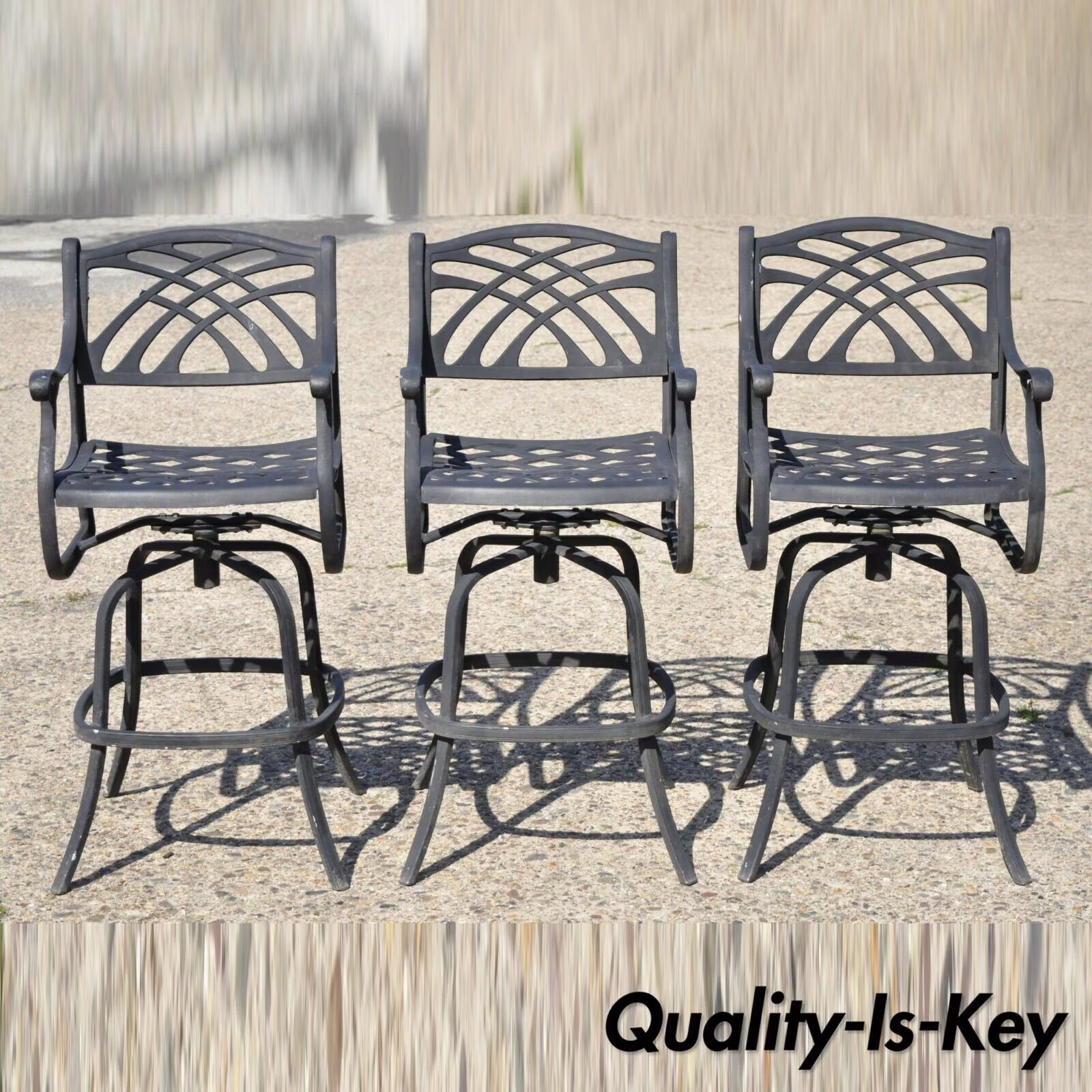 Cast Aluminum Swivel Art Nouveau Style Pool Patio Barstools Chairs - Set Of 3
