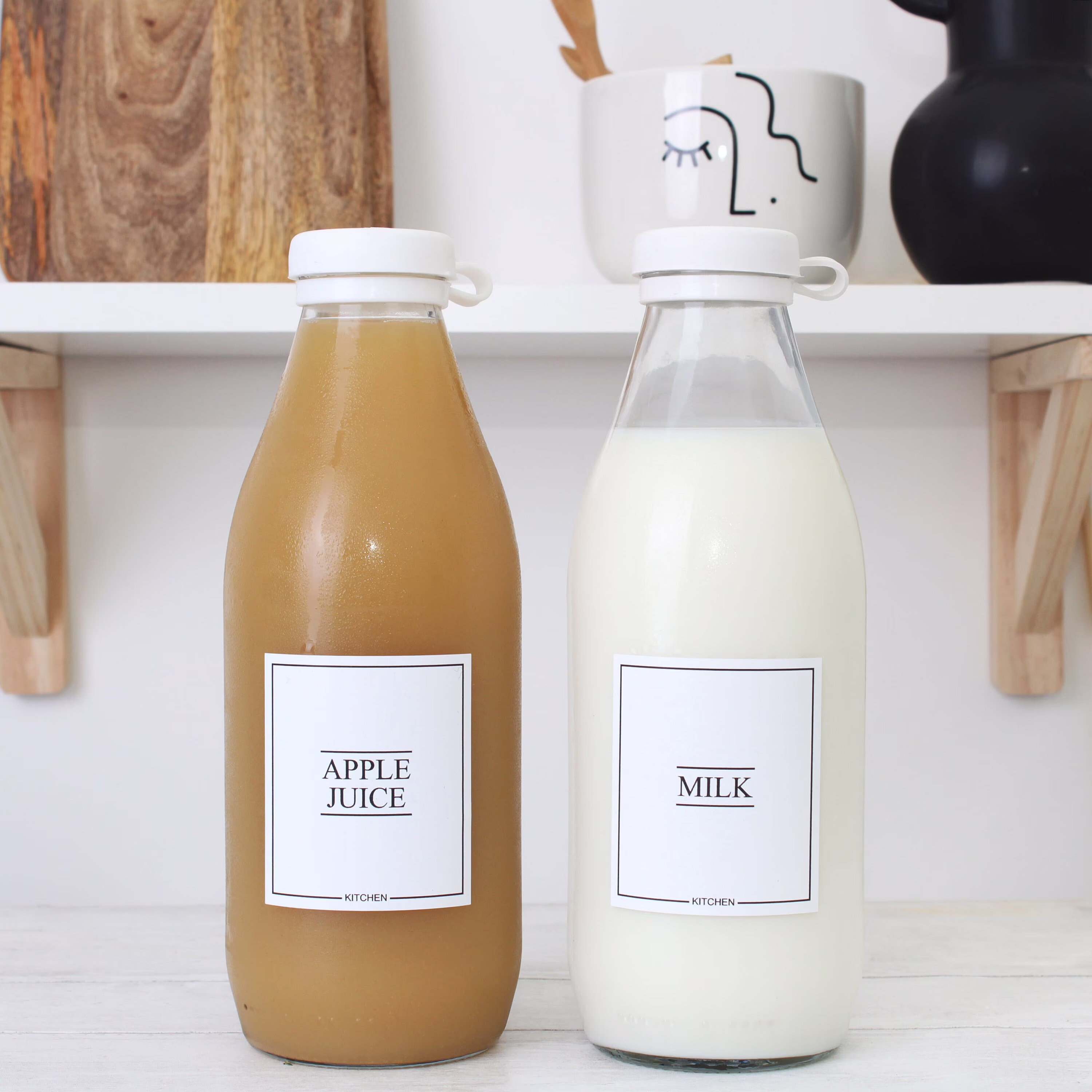 Refillable 1L Glass Milk Bottle With Free White Waterproof Minimal Label - Fridge Organisation