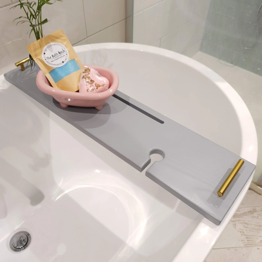 Grey Bath Rack Over The Storage Tray With Gold Brushed Handles Tablet Slot Holder & Wine Glass Board