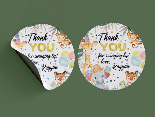 Tropical Safari Favor Stickers Thank You Wild One Label Jungle Zoo Things Boy Green Gold Gift Tag