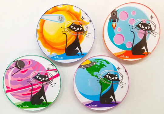 Set Of 4 Round Acrylic Atomic Space Cats Mid-Century Modern Magnets - Made To Order