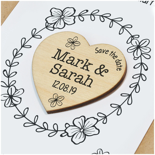 Wooden Save The Date Magnets - Personalised Heart Fridge Black & White Floral Cards Invitations