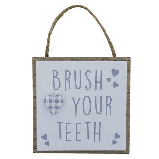 Plaque Brush Your Teeth Bathroom Rules Wc Toilet Wall Décor Wood Hanging Sign Grey White Hearts Children's