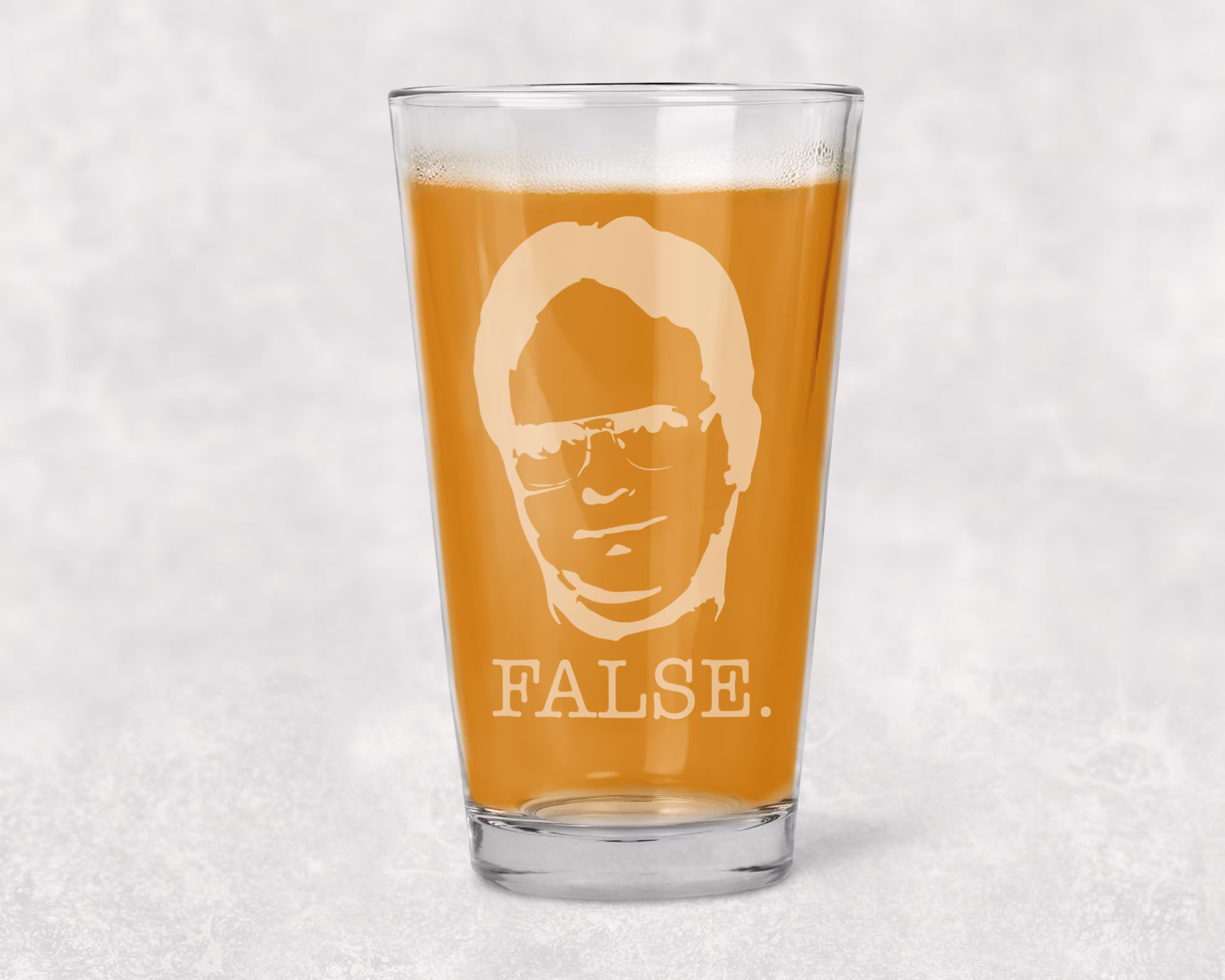 False - Dwight Schrute Gift Idea Etched Pint Glass, The Office Beer