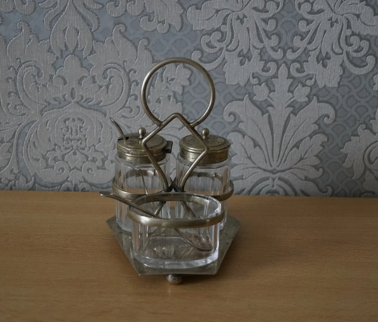Vintage Silver Plated Cut Glass Condiment Set