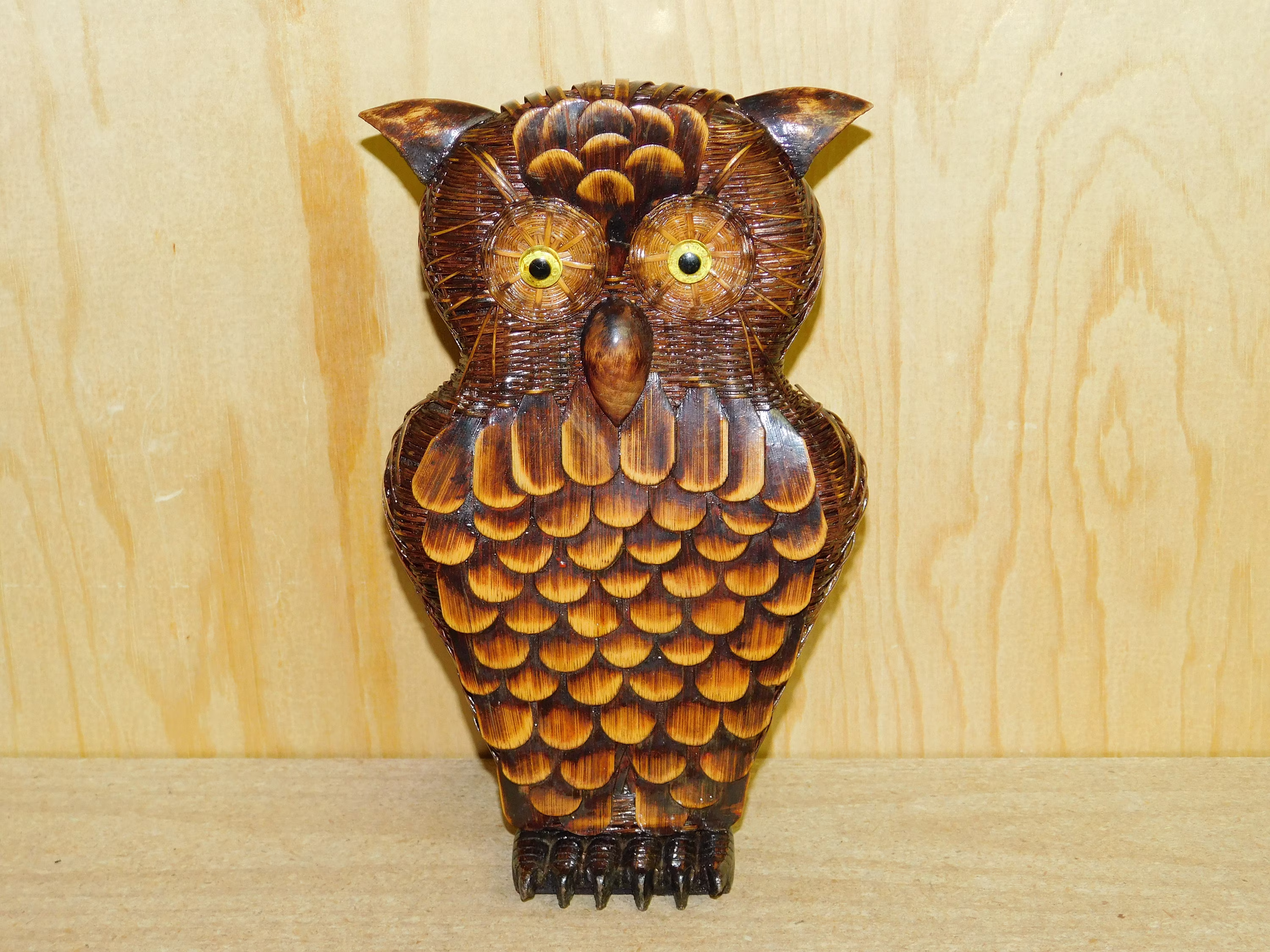 Fascinating Horned Owl Figurine with Glass Eyes ~ Woven Wood Basket-Weave Sculpture Carved Wooden Feet Hand Shake Shingles