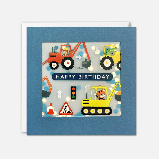 Animals in Diggers Birthday Card With Paper Confetti - Shakies By James Ellis