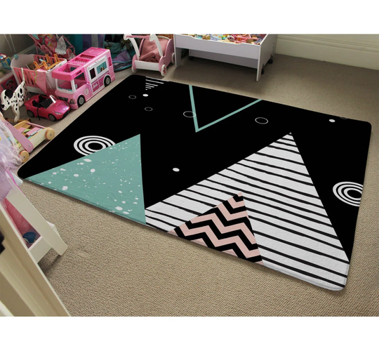 Ellis Triangles, Circles and Zig Zag Patterns Designer Shaggy Black/Green/Pink Rug