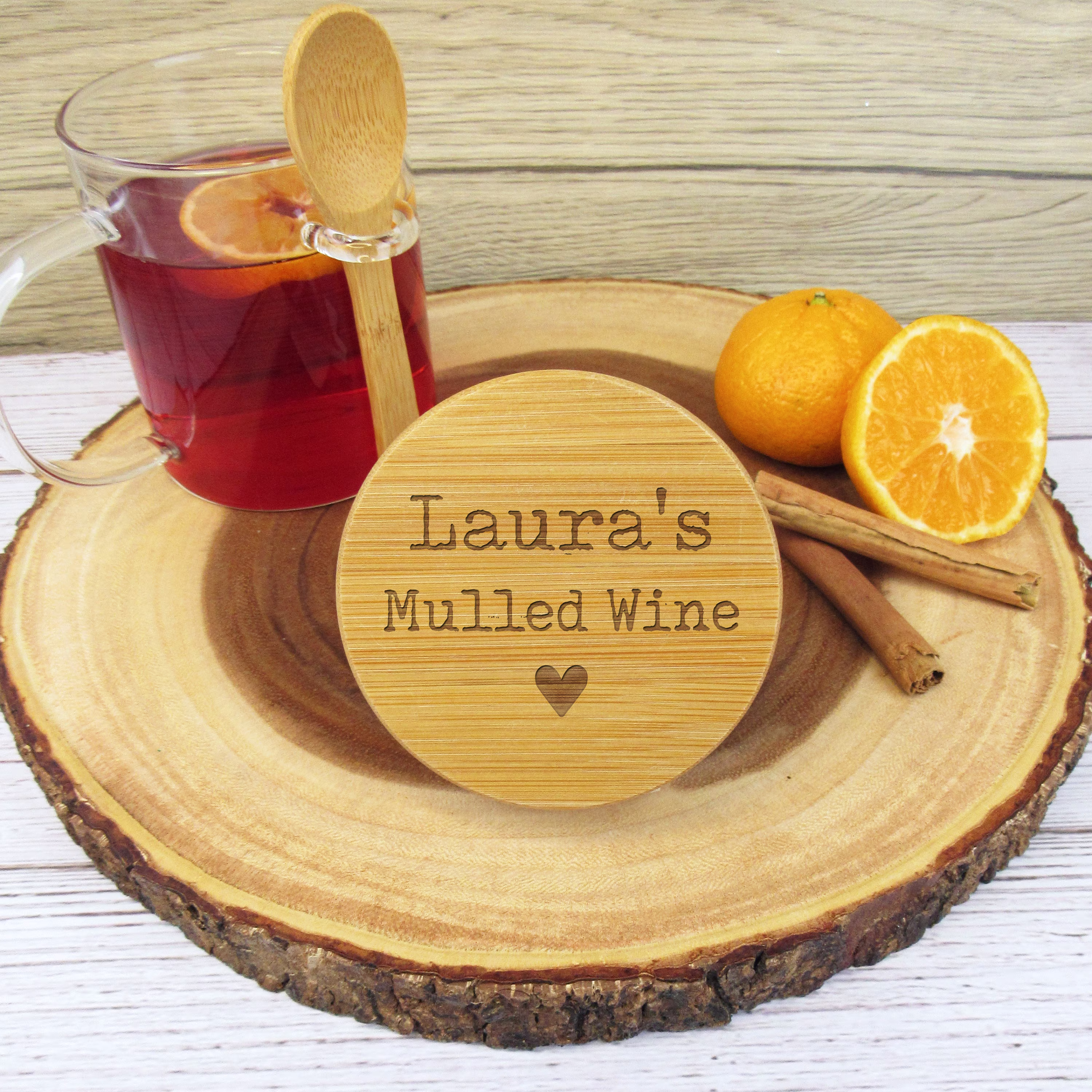 Borosilicate Glass & Wood Mulled Wine Mug With Wooden Spoon & A Personalised Lid, Christmas Gift For Him, Her, Secret Message Under Lid