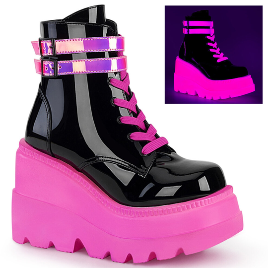 (8 (Adults')) Demonia SHAKER-52 Blk Pat-UV Neon Pink