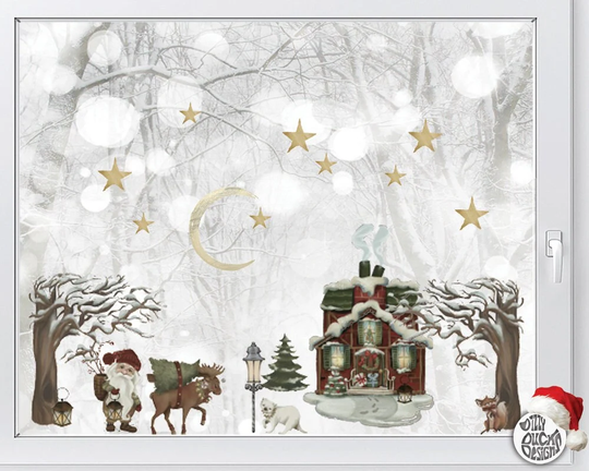 Vintage Christmas Gnome Window Decal Set - Classy Watercolour Winter Scene Cling Sticker Reusable Seasonal Decor By Dizzy Duck