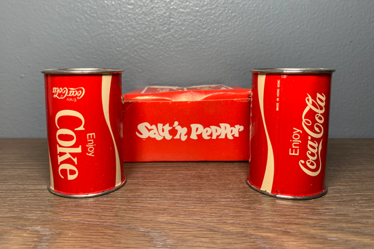 Vintage 1970S Coca-Cola Tin Can Salt & Pepper Shakers Style No. 123 Made in Hong Kong New Box