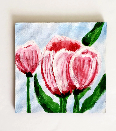 Tulips Original Acrylic Painting For Spring Or Summer, Magnetic Handmade Art, Valentines Day Gift, Gift Her, Them, Mini Art