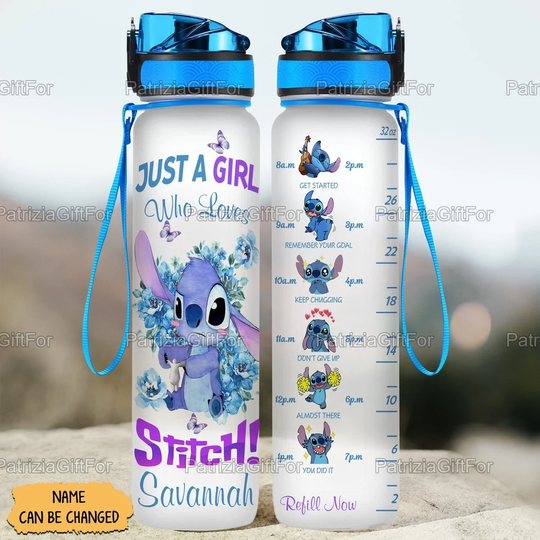 Personalized Stitch Water Tracker Bottle, 32Oz Custom Workout Flower Christmas Gifts