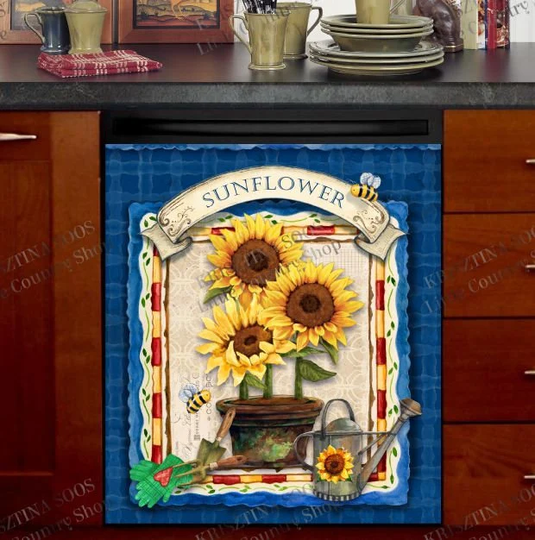 Kitchen Dishwasher Magnet Cover - Frontier Woman Flower Pot With Sunflowers