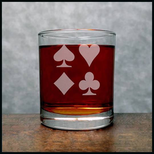 Playing Card Suits Engraved 11.2Oz Whiskey Glass - Free Personalization Deeply Etched Personalized Gift Spades, Clubs, Hearts, Diamond