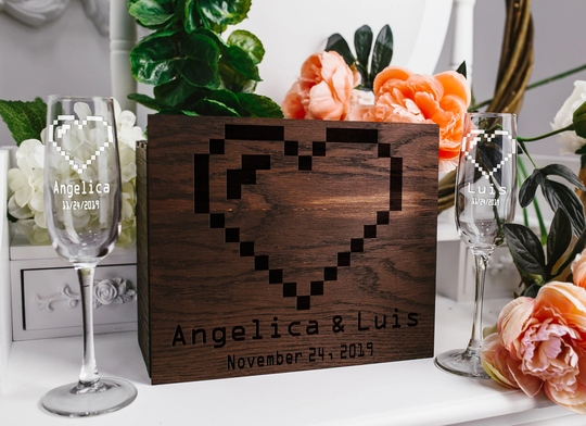 Pixel Heart Set Of 2 Champagne Toasting Glasses in Wood Box, Mr. Mrs. Wedding Flutes
