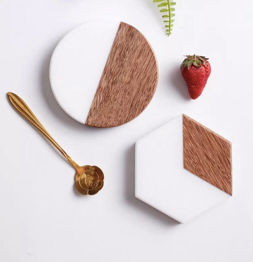 Marble & Wenge Wood Coasters | Hexagon Round Wooden Wine Glass Home Decor