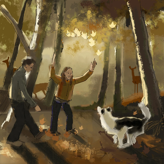 Autumn Art Whimsical Dog Woodland Contemporary