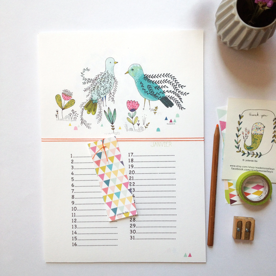 Perpetual Birthday Calendar Blue Birds Size A4