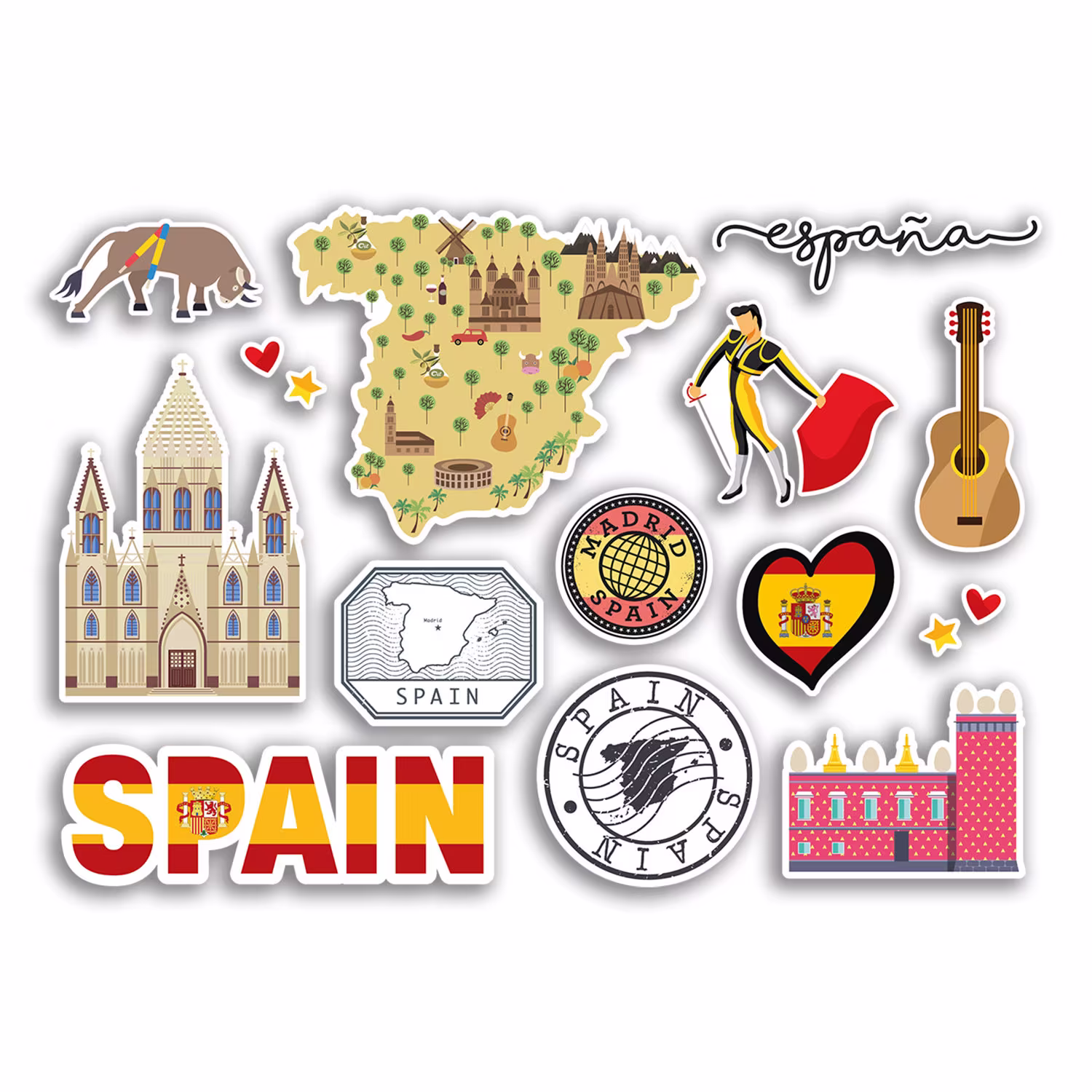 A5 Sticker Sheet Spain Landmarks Vinyl Stickers - Spanish Madrid Map Airport Stamps Skyline Flag Travel Holiday City Aesthetic #77545
