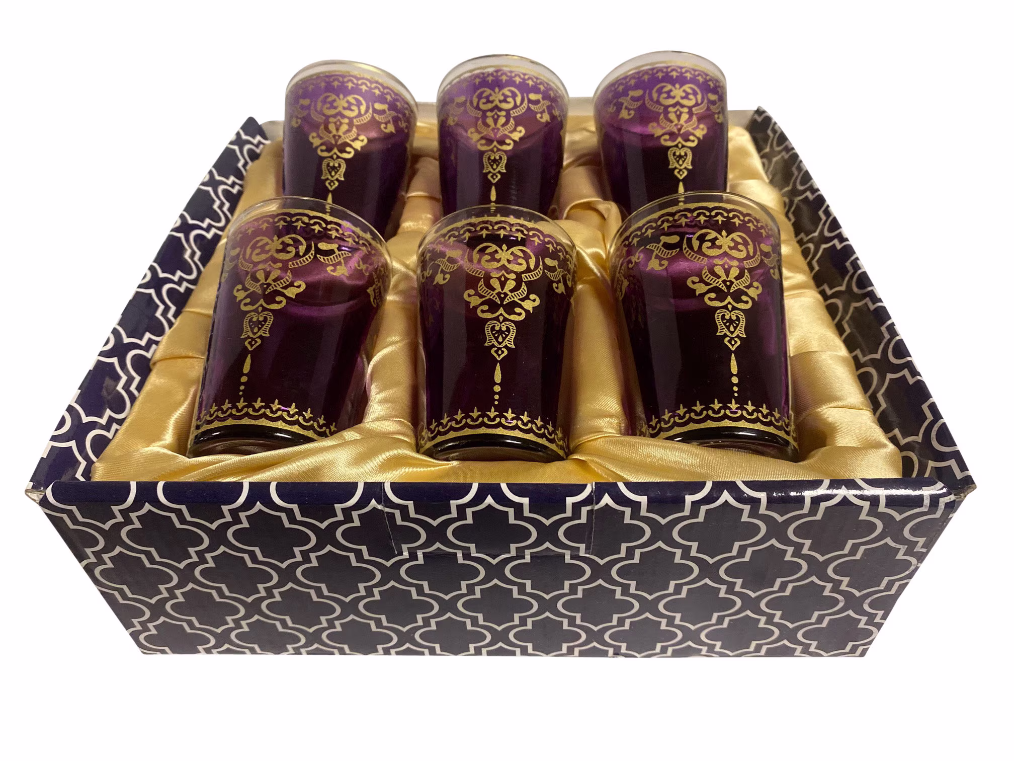 Marrakech Tea Time Moroccan Style Glasses Set Of 6 in A Giftbox Purple Gold