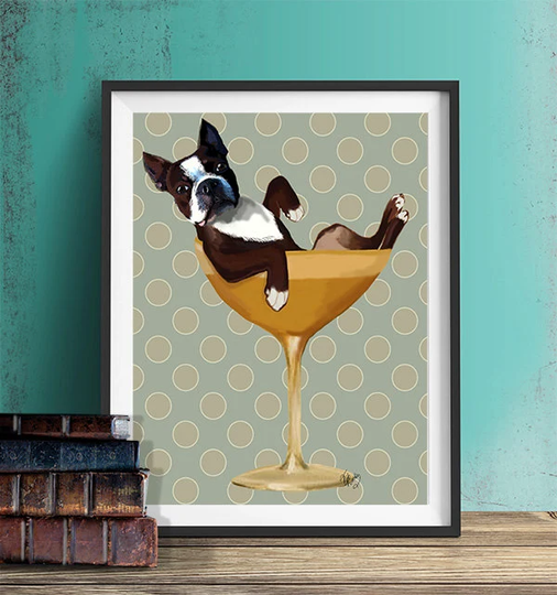 Boston Dog Terrier Cocktail Glass Boston Terrier Print, Gift, Lover, Picture Painting Illustration Art Poster Drawing