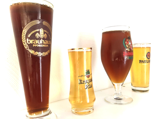 Vintage, Mixed Specialty, Beer Glasses, Set-Of-Four, European Breweries. Kiln-Fired Decals. Some Gold Rim