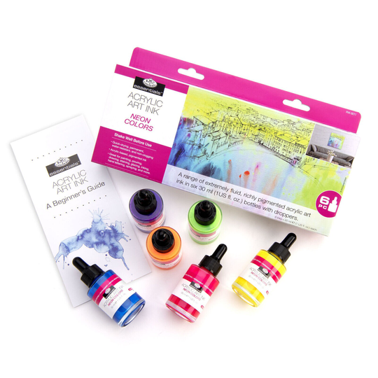 Set Of 6 Neon Colour Acrylic Artist Inks Permanent 30Ml Bottles Water Resistant