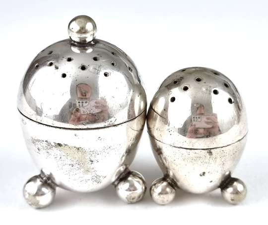 Distressed Look, Miniature Shakers, Novelty Pepperettes, Egg Shape, Ball Feet, Worn Silver Plate, Screw Tops, Quirky Tableware, Unusual