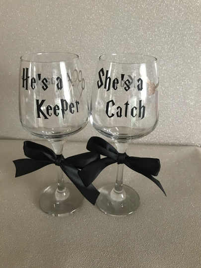 Personalised Wine Glasses, Engagement Gift, Wedding Shes A Catch, He's Keeper, Glasses For Gift