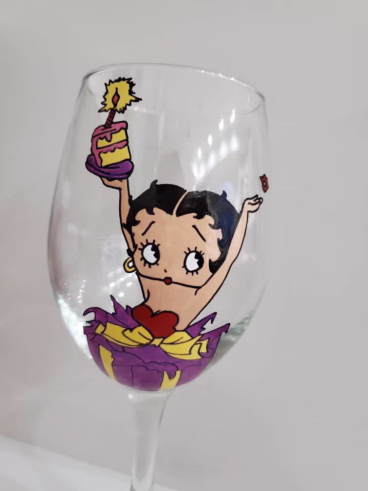 Hand Painted Betty Boop Inspired Birthday Wine Glass