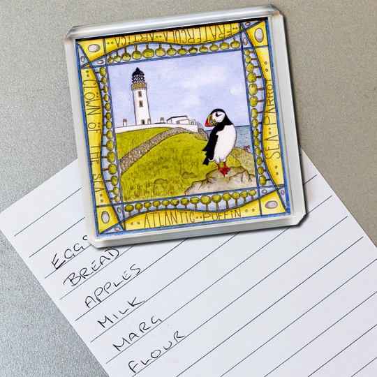 Puffin Magnet, Large Square At The Mull Of Galloway Lighthouse, Dumfries & Galloway, Scotland, Scottish Fridge Magnet