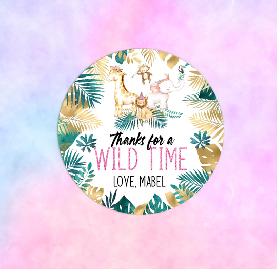 Wild One Favour Stickers, Girl Safari Party Favor Tags, Zoo Animal Tag, Gift Teal & Gold