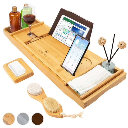Joskel Wooden Bath Tray, Foot Brush & Soap Dish - Caddy Wood With Extendable Board, Wine Glass Stand, Ipad Holder