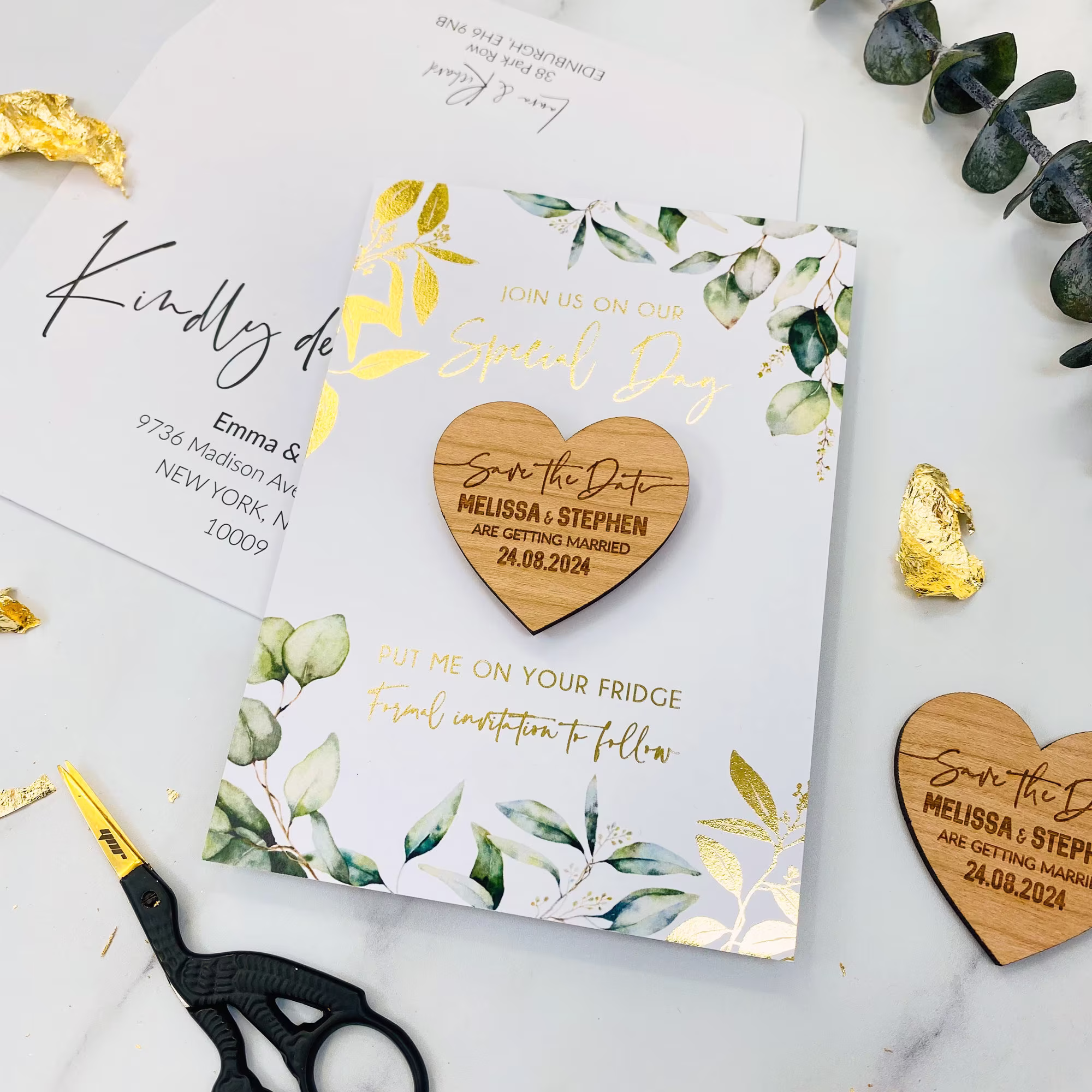 Save The Date Magnet With Cards, Foiled Unique Minimalist Wedding Invitation, Greenery Eucalyptus Botanical Gold Leaf, Rustic Wooden
