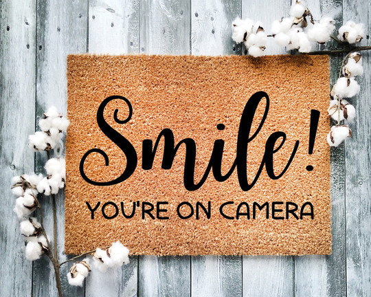 Door Mat, Funny Doormat, Smile You're On Camera, Housewarming Gift, Welcome Closing Wed Gift - 2153