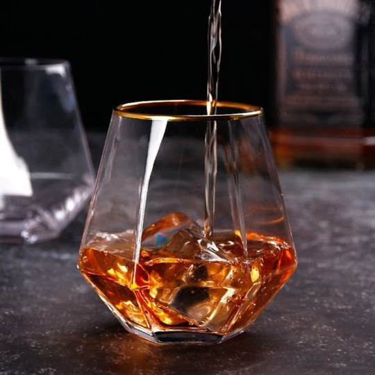 Diamond Whiskey Glass Set With Golden Rim, Perfect For Whiskey, Scotch, & Bar, Cocktail Drinkware Rum, Christmas Gift