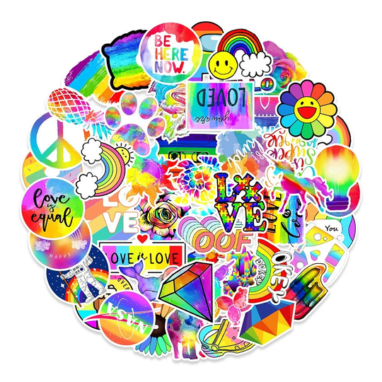 Rainbow Theme Sticker Pack | 50 Pc, Aesthetic Stickers, Hydroflask Sticker Set For Water Bottles, Laptop, Phone, Luggage, Skateboard, Ipad