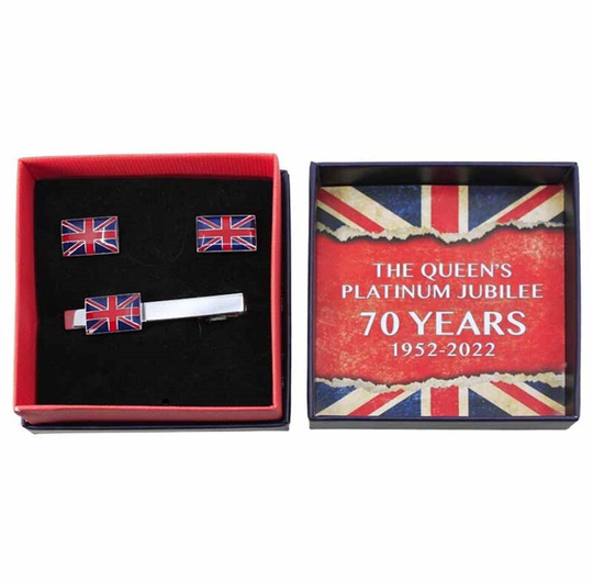 Boxed Union Jack Cufflink & Tie Bar Set Queens Jubilee 2022 Party Gifts UK Seller Souvenir