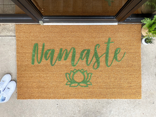 Namastay Lotus Doormat, Flocked Coir Outdoor Welcome Mat, Personalized Door Custom Housewarming Client Gift