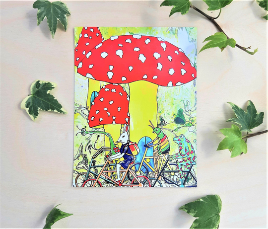 Cycling Fridge Magnet Postcard - Illustrated Cottagecore/Single Or Set Of Three Fridge Magnets Wacky Woodland Creatures Toadstool Magnet