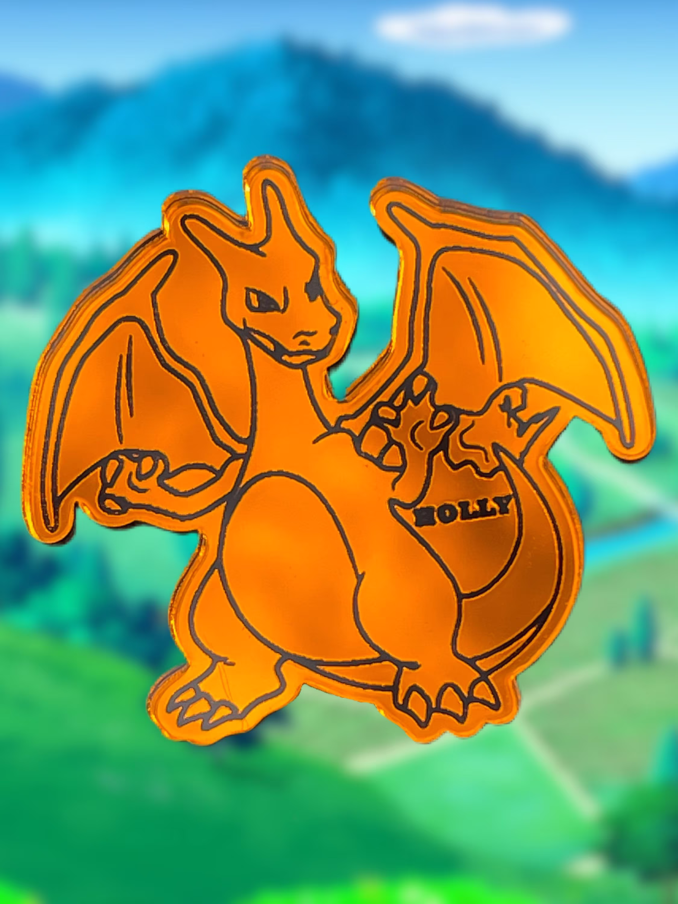 Poke Inspired Mirrored Laser Cut Acrylic Charizard Custom Personalized Popsocket Or Badge Reel Add Your Name