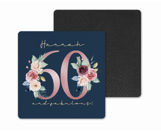 Personalised Coaster.. Wooden Drinks 60Th Birthday Keepsake Gift.. 60 & Fabulous... Pink & Blue Floral